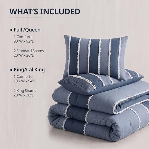 Image of INK+IVY Queen Comforter Set Boho Comforters Stripes, Clipped Jacquard, Cotton Comforter for Queen Size Bed, All Season Poly Fill Lightweight Queen Bedding & Shams, Shay, Full /Queen, Blue 3 Piece