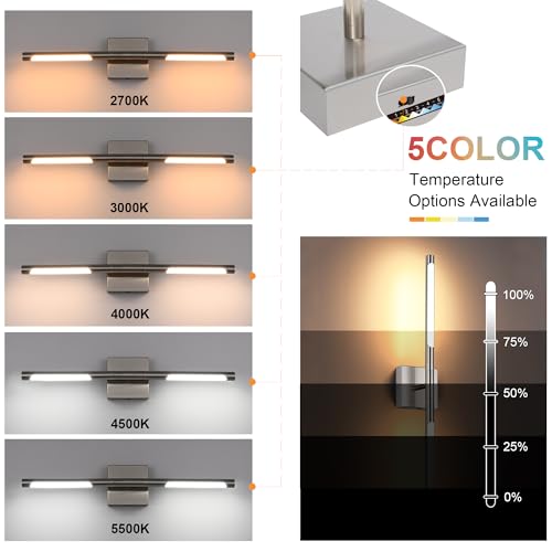Image of TODOLUZ 24-Inch 5CCT LED Bathroom Light Fixture, 12W Brushed Nickel Rotatable Tube Vanity Lighting for Over Mirror Paintings Power Room, 2700K-5500K