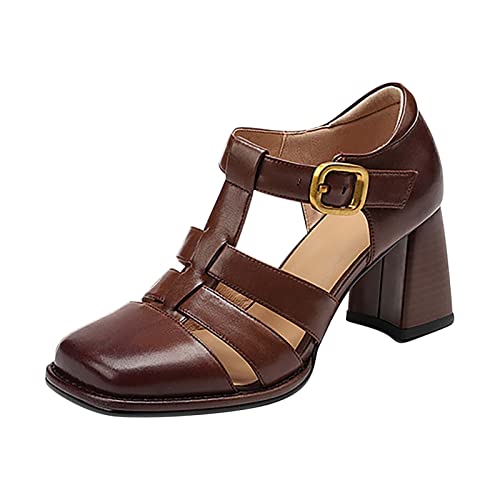 Genérico Sandalias Planas Mujer Verano Pies Anchos Cómodas Zapatos de Tacón Para Mujer,Zapatos Huecos Retro Literarios A La,Sandalias de Tacón Grueso Cuero Pu,(Brown,37)