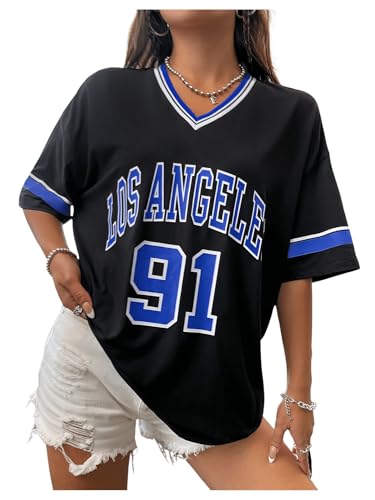 SOLY HUX Womens Oversized Jersey Shirts V Neck Graphic Tees Summer Baggy Blokecore T-Shirt Tops Black Blue Graphic X-Small