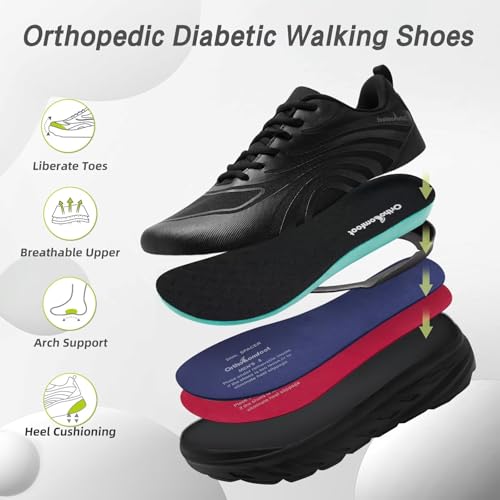 Men's Orthopedic Diabetic Wide Sneakers: Comfortable Plantar Fasciitis Orthotic Neuropathy Arch Support Pain Relief Tennis Shoes, Durable Stylish Outdoor Driving Road Running Shoes Black Size 13 by OrthoComfoot - Used condition - Image 3