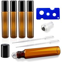 5pcs 10ml Essential Oil Roller Bottles,Amber Glass Bottles with Stainless Steel Roller Balls, Leakproof Design for Travel, Home & Massage - Includes Dropper, Funnel & Labels