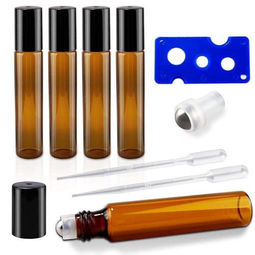 MixS Live 5pcs 10ml Essential Oil Roller Bottles,Amber Glass Bottles with Stainless Steel Roller Balls, Leakproof Design for Travel, Home & Massage - Includes Dropper, Funnel & Labels