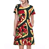 Pizza Muster Drucken Damen Kurzarm Kleid Stilvolle A-Linie Casual Sommerkleid mit Taschen Knielang, Schwarz, XL-4XL