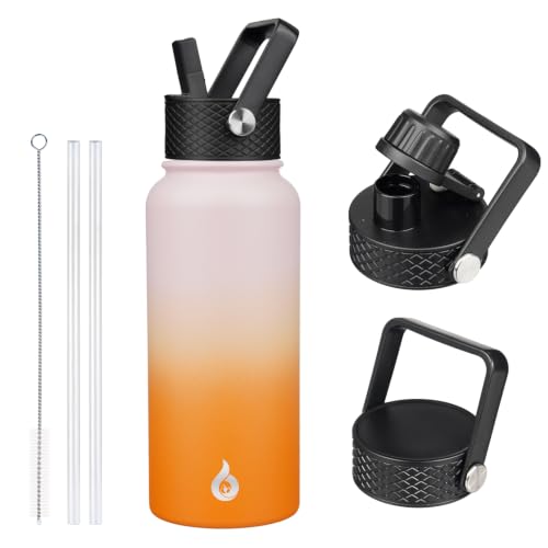 Image of BJPKPK Insulated Water Bottles with Straw Lid, 32oz Metal Large Water Bottle with 3 Lids, Reusable Leak Proof BPA Free Thermo, Stainless Steel Tumblers for Sports, Gym, Travel-Coral