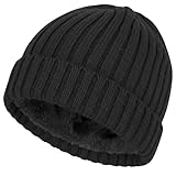 MIJOMA Herren-Strickmütze mit Fleecefutter – warme Wintermütze mit Umschlag | One Size Beanie für kalte Tage | Thermo-Mütze mit Rippenstrick & weichem Innenfleece (Schwarz)