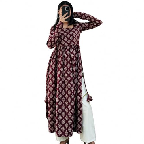 Image of Women's Cotton Nayra Cut Kurti for Women | Full Sleeves Printed Long Kurta | Stylish Flared Ethnic Wear Kurti, Casual & Festive Occasion