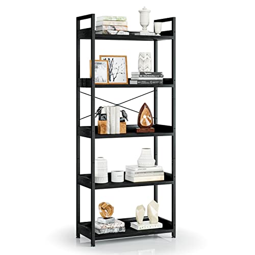 Appolyn 5 Tier Bookshelf With 2 Hooks, Tall Bookcase, Modern Book Shelves Organizer, Bookshelves For Bedroom, Living Room And Home Office, Black #TOP1
