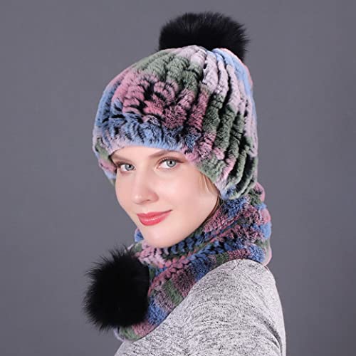 Woman Hat Scarf Suit Russian Knitted Beanie Fur Cossack Pompom Earflap Skull Skiing Cap #TOP1