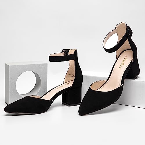 Image of Ankis Closed Toe Heels for Women, 2.25 Inch Low Block Chunky Dress Pumps | Black Nude White Gold Silver Pointed Toe Design, Soft Insole, Adjustable Ankle Strap, Classic Versatile, For Formal Daily