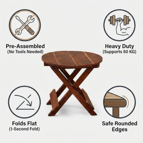Image of Wooden Folding Table for Daily Use | Multipurpose, Portable & Space Saving Small Folding Table for Daily Use - Easy to Fold & Store (12 Inch Round)