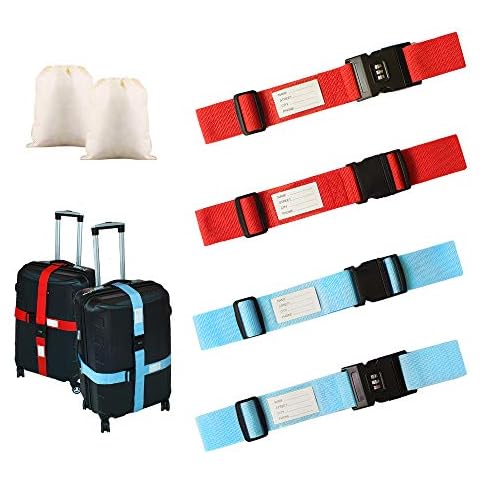 4 Pack Adjustable Luggage Straps,Heavy Duty Luggage Straps for Suitcases with Password Lock/Name Tag Slot+ 2 Storage Bag for Identifying and Saving Luggage, 2 Color Cover