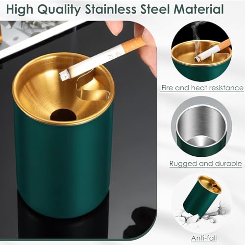 Image of NYRWANA Stainless Steel Windproof Ashtray with Lid | Rustproof, Easy-to-Clean Ash Holder for Smokers | Elegant Indoor Outdoor Ash Tray for Patio, Home, Office, Bar & Garden Use (Green)