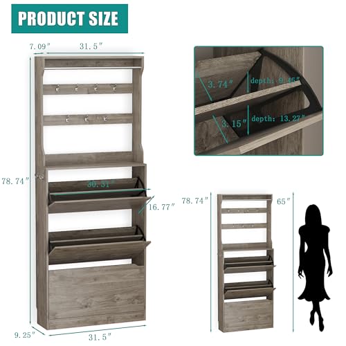 Image of Shoe Cabinet for Entryway with 3 Flip Drawers, Grey Tall Wood Shoe Storage Cabinet with Coat Rack, Narrow Hidden Slim Freestanding Shoe Rack Organizer, 2 in 1 Hall Tree for Living Room, Hallway