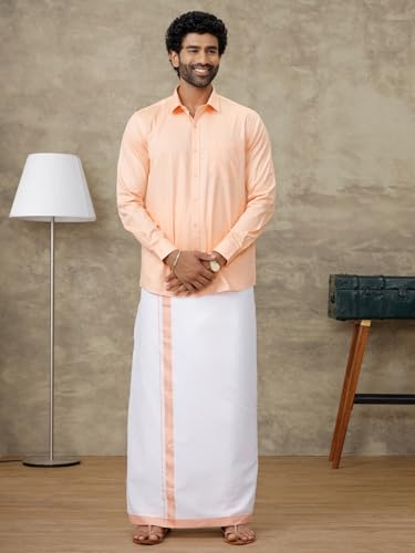 Image of RAMRAJ COTTON Men Full Sleeve Solid Shirt With Matching Border Dhoti|Ideal For Weddings And Occasion