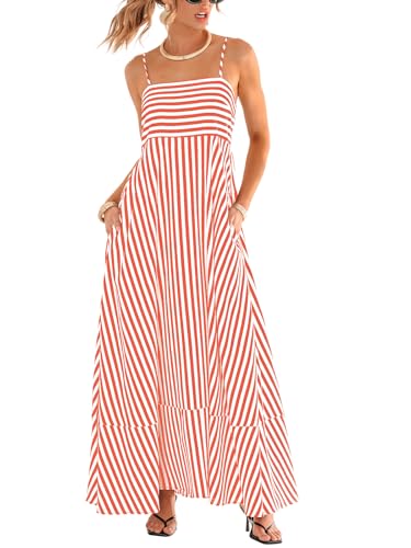 Image of CUPSHE Womens Summer Maxi Dress Casual Sleeveless Square Neck Striped Beach Long Dress with Pockets