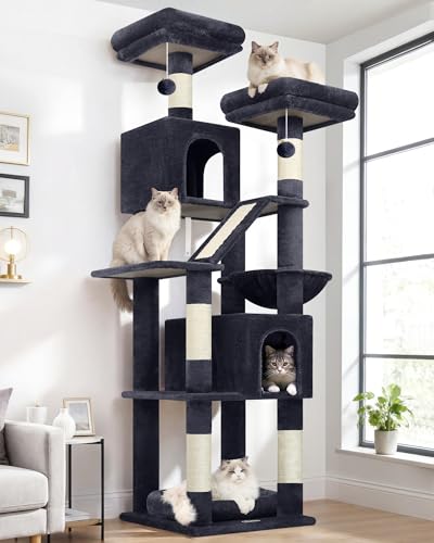 Globlazer Kratzbaum Ecke Hoch 189 cm mit 2 Katzenhaus, 2 Gepolsterte Sitzstangen, Katzenkorb Vergr&ouml;Bern, Sisal Kratzbrett, Hundebett, Katzenbaum XXL Stabil fur Katzen Spielen Innen (F74D, Dunkelgrau)