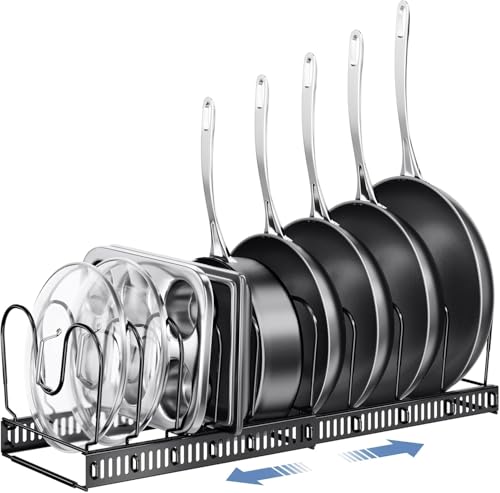 Image of 10-Tier Expandable Pot and Pan Organizer Rack - Adjustable Heavy-Duty Metal Kitchen Cabinet Holder for Pots, Lids, Skillets & Bakeware
