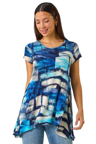 Image of Roman Originals Hanky Hem Tunic Top for Women UK - Ladies Longline Blouse Asymmetric Hemline Short Sleeves Casual Slouch Loose Summer Spring Relaxed Comfortable - Blue Abstract - Size 12