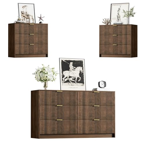 Image of Furniway 3 Piece Bedroom Set, 6 Drawer Dresser and 3-Drawer Nightstand Set of 2 with Gold Handles, Mid-Century Modern Wood Chest of Drawers Storage Cabinet for Bedroom, Walnut