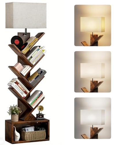 WAMBORY 6 Tier Tree Bookshelf with Light for 3 Color Temperature, Vertical Bookcase Tower for Books, CDs, Standing Book Organizer with Storage Cabinet, Corner Display Bookshelf Lamp for Home Office