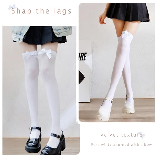 2 Pcs White Thigh High Bows Stockings for Women Over the Knee Socks Sexy Lolita Opaque Velvet Stocking4