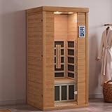 Polar Aurora 1- Person Infrared Sauna, Remotely Controllable Indoor Sauna, Low EMF 1200W/120V LCD Heater, WiFi & BT Control, 9-Color Light Therapy, Safe Flame-Retardant Material, Wood
