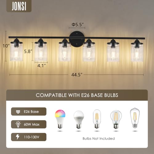 Image of Jonsi Bkack Bathroom Light Fixtures 6-Light Vanity Lights Modern Wall Sconce with Clear Glass Shade Bathroom Light Fixture Over Mirror for Bedroom Hallway Kitchen