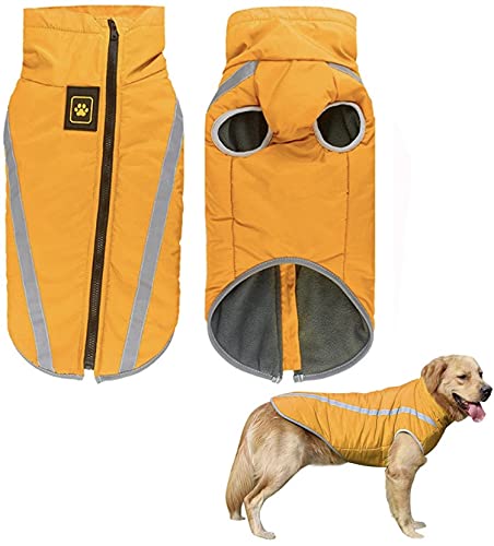 KUTKUT Windproof Warm Dog Winter Jacket, Reflective Cold Weather Coat | Waterproof Polar Fleece Lining Wind Breaker with Leash Hole Pet Warm Clothing. (Yellow, Size: 5XL, Chest: 78cm),1 Count