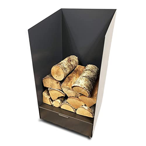 Volcann 65cm Tall Compact Steel Firewood Log Basket with Drawer - Fireplace Wood Holder Metal Store with Handheld, Storage for Indoor Woodstove, Fireside Accessories