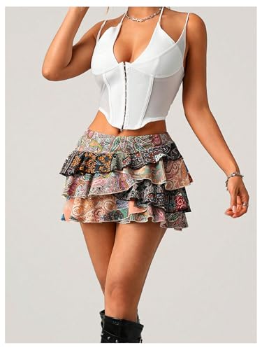 MakeMeChic Women's Paisley Print Tiered Layered Skirt Ruffle Hem Rodeo Mini Skirts4