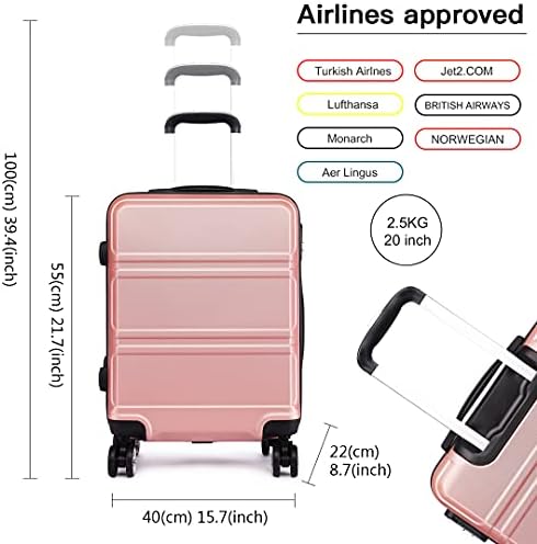 Kono 55cm Hard Shell Cabin Case 38L Carry On Hand Luggage 4 Wheeled Spinner Suitcase with TSA Lock (Rose Golden)