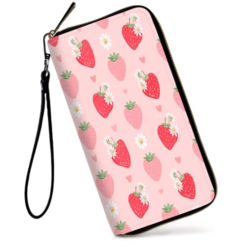 SDDFRHGH Wristlet Wallets for Women,Large Capacity RFID Blocking Leather Zip Around Travel Wallet Phone Purse Clutch Bag w/12 Cards Holder & Zip Inner Pocket-Pink Strawberry