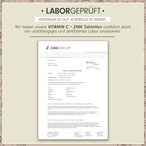 Vitamin C + Zink (365 Tabs) - optimal hochdosiert: 500 mg gepuffertes Vitamin C + 15 mg Zink aus bioverfügbarem Zinkbisglycinat - Immunsystem & Zellschutz - laborgeprüft mit Zertifikat - 100% vegan