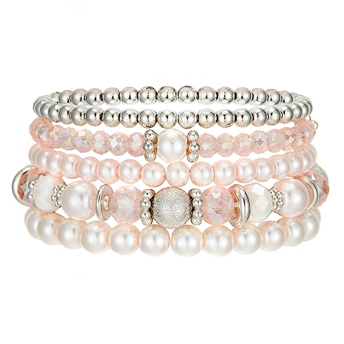 Noessla Beaded Pearl Stretch Bracelet Silver Stackable Crystal Beads Bracelets Trendy Costume Jewelry Mothers Day Gifts for Women
