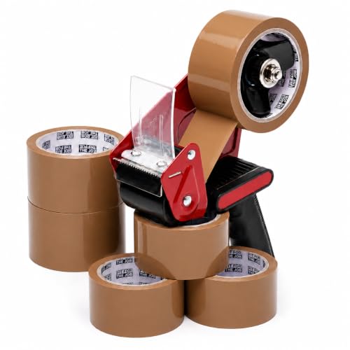 Fit For The Job Brown Parcel Tape Gun and Dispenser - Heavy Duty Packing Tape Dispenser for Efficient Sealing and Packing Needs - 6 Rolls