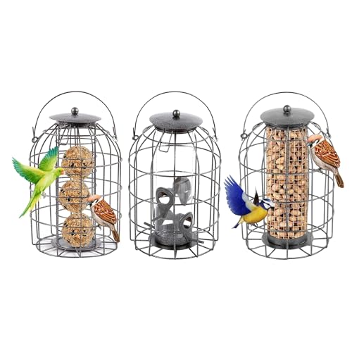 ADEPTNA Heavy Duty Squirrel-Proof Caged Bird Feeder Set - 3-Pack Combo of Fat Ball, Peanut & Seed Feeders - Weatherproof, Durable Hanging Feeders for Outdoor Use - Attracts Birds Year-Round