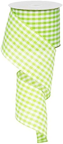 Gingham Check Wired Edge Ribbon, 2.5 x 10 Yards (Green, White)