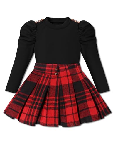 Image of Fuermos Toddler Girl Clothes Puff Sleeve Top and Pleated Girls Plaid Skirt Set 2PCS Girls Outfits Fall Winter