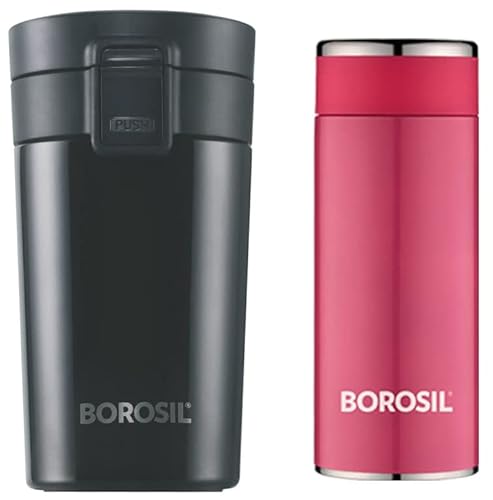 Borosil Vacuum Insulated Hydra Coffeemate Stainless Steel Travel Mug – Spill Proof – Hot And Cold + Borosil Stainless Steel Hydra Travelsmart – Vacuum Insulated Flask Water Bottle, 200 Ml, Pink