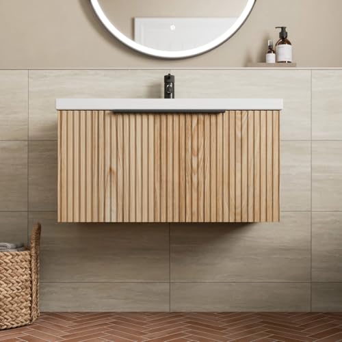 BAYSTONE Fluted 800mm Bathroom Vanity Unit White Ceramic Basin Sink, Cloakroom Storage Furniture Cabinet Wall Hung Soft Close Drawer, Black Handle, Oak