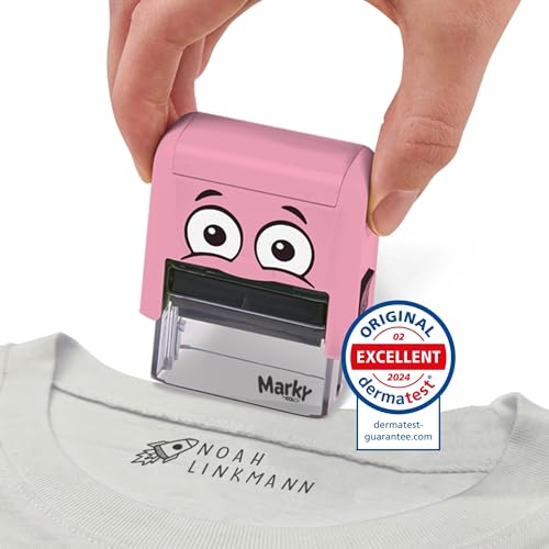 DIY MARKY – Tampon Personnalisable pour Enfants | Pour Vêtements et Objets Scolaires | Encre jusqu’à 1000 Impressions | Kit Complet avec Étiquettes et Ruban Thermocollant (Rose) – vue 2