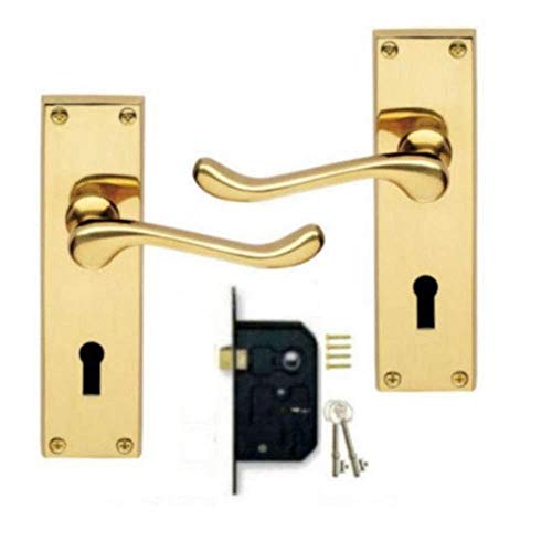 Golden Grace Victorian Scroll Lever Lock Door Handles with 3 Lever Lock Set and 2 Keys in Polished Brass Finish, Classic Interior Doors Hardware