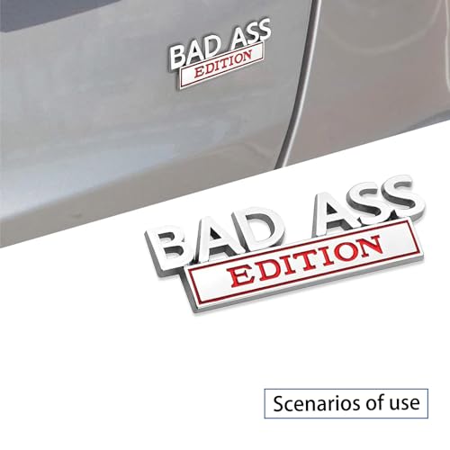 Image of 1 PC Car Fender Badge Sticker, 3.93 inch x 1.33 inch Self-Adhesive Bad Ass Edition Tailgate Front Grille Hood Sticker, Car Decorative Modification Accessory, for Most Car Models (Silver & Red)