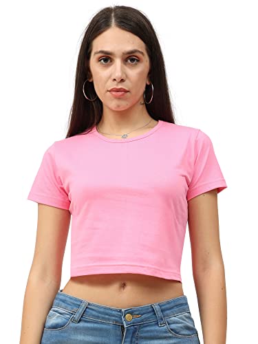 Image of FLEXIMAA Women's Cotton Plain Round Neck Half Sleeve Crop Top