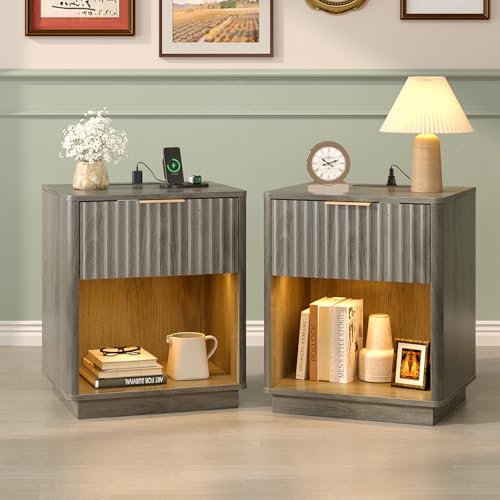 Image of VINGLI Night Stands Set 2 with Charging Station, LED Nightstand Fluted with Rounded Edge, 19 inch W Mid Century Modern Nightstand for Bedroom, Fluted Night Stand /End Table /Bed Side Table, Grey