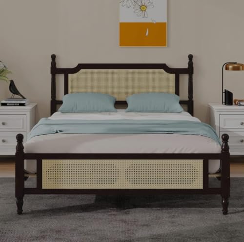 Image of Janghu Furniturewala Solid Sheesham Wood Classic Colonial Bed with Dual Cane Jali Work | Handcrafted Wooden Double Bed with Rattan Headboard & Footboard | Walnut Finish (King)