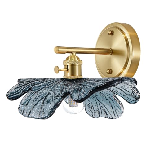 Image of Vintage Bathroom lighting fixtures Gold Bathroom Vanity Light Hand Blown 1-Light Modern Wall Sconce Indoor Wall Light with Blue Glass Shade Mid Century Wall Lighting for Bedroom Hallway Living Room