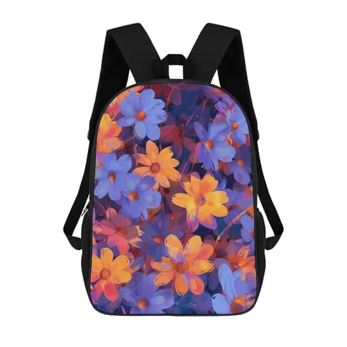 Blue And Orange Flowers Backpack - Durable 600D Polyester, 17 Inch Backpack with Ergonomic Adjustable Straps, Lightweight Travel Bag for Men & Women