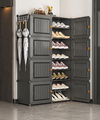 Image of Sunderlook Shoe Rack Plastic for Home- Slipper Stand, Professional Shoe Stand, Chappal Stand, Multipurpose Foldable Standing Comfort Runner Shoe Rack with Door (Grey, 16 Shelf 8 Door)